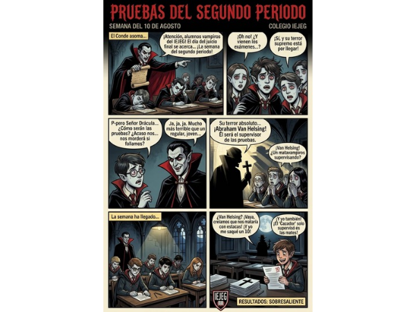En esta divertida historia, Drácula recuerda que los exámenes pueden dar miedo, pero estudiar con anticipación siempre será la mejor defensa. Mucho ánimo para todos los estudiantes del IEJEG en esta semana de pruebas.